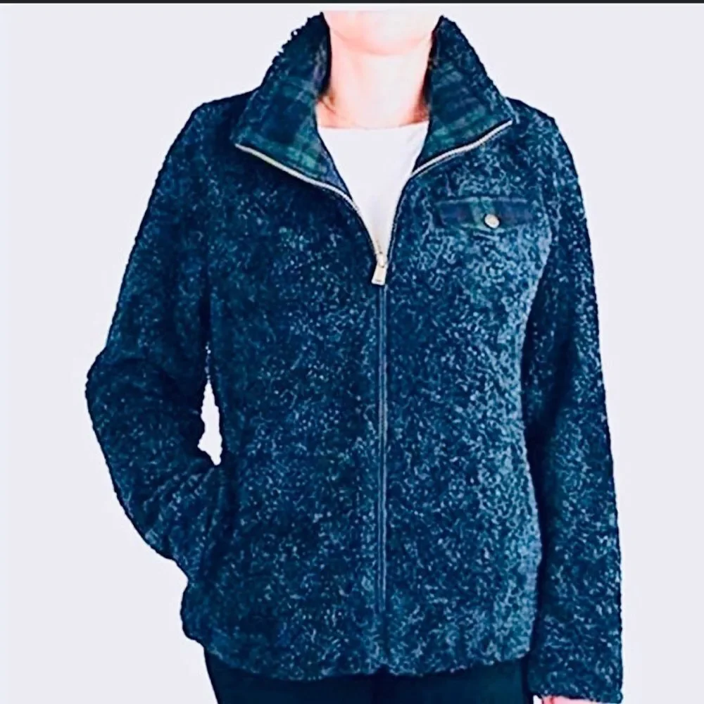 PENDLETON Coat Navy Blue Full Zip Teddy Jacket Wool Plaid Flannel Accents XL